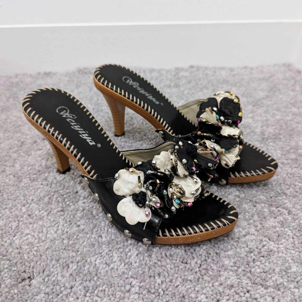 Black Wooden Floral Heels